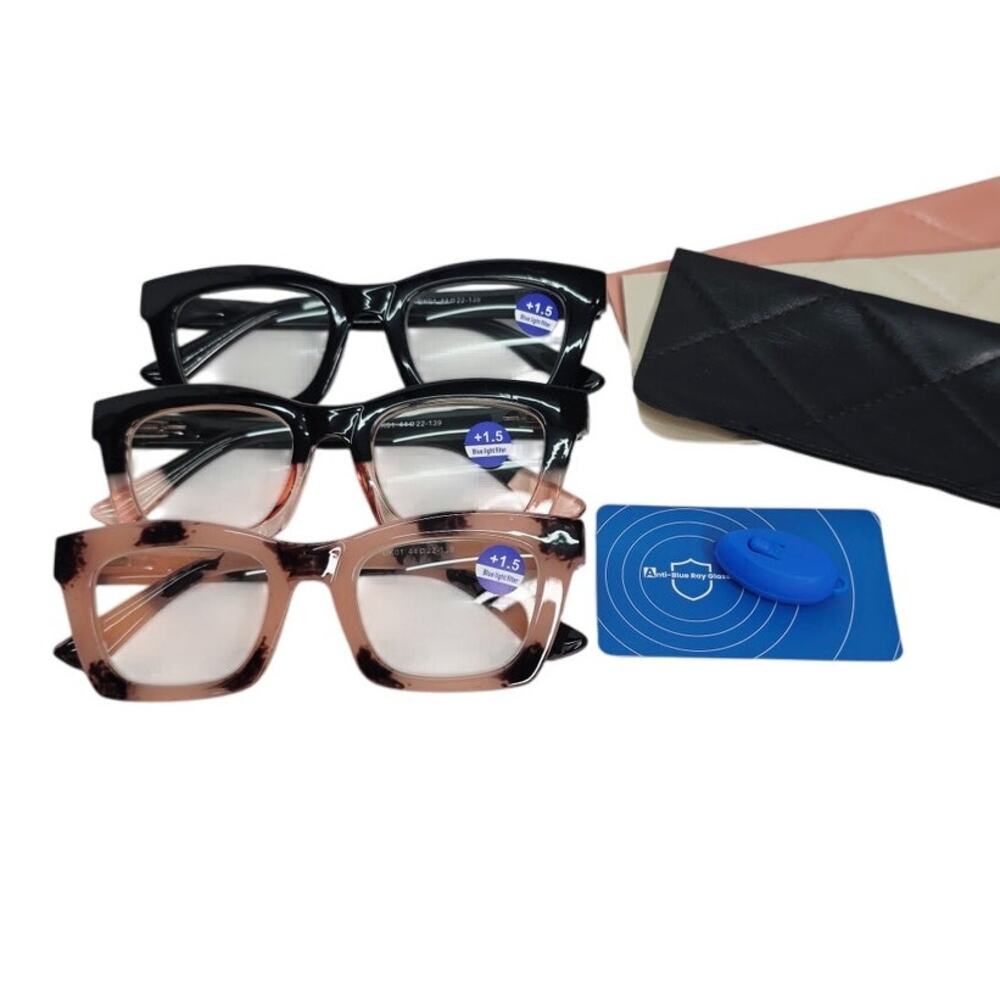 Pink & Black Cat Eyes Womens Reading Glasses with Blue Light Filter +1.50 3 Pack